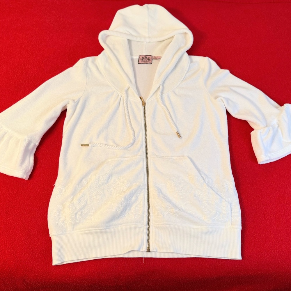 Juicy counter Velour Ruffle Sleeve Embroidered Full Zip Pocket Hoodie Size L EUC